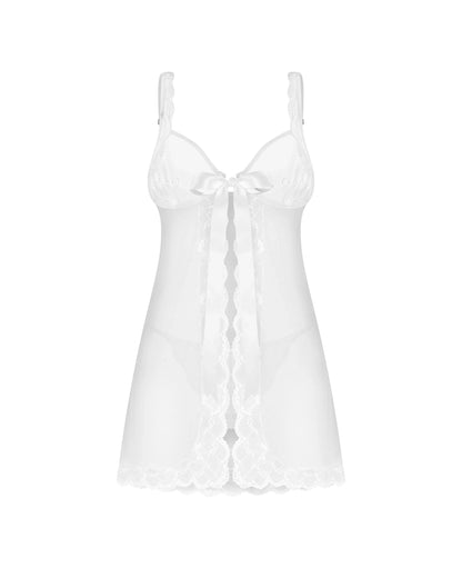 Freigestellte Vorderansicht des weißen Babydolls mit Bügel-Cups, halbtransparentem Mesh, Spitzenverzierungen und Satin-Schleife.