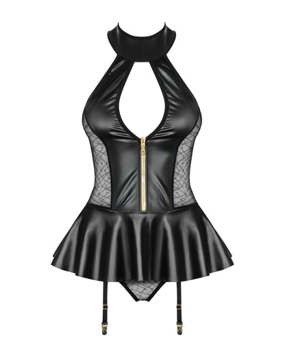 Schwarzes Wetlook Korsett Set als Produktfreisteller von vorne mit Neckholder, tiefem Ausschnitt, goldfarbenem Reißverschluss, Meshseiten und abnehmbaren Strumpfhaltern.